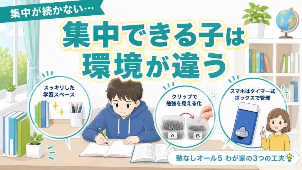 集中できる子は環境が違う｜塾なしオール5のわが家の3つの工夫（スッキリした学習スペース・クリップで見える化・スマホはタイマー式ボックス）