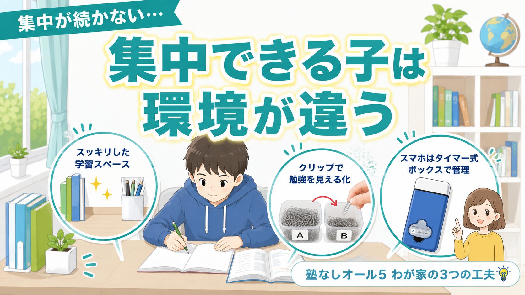 集中できる子は環境が違う｜塾なしオール5のわが家の3つの工夫（スッキリした学習スペース・クリップで見える化・スマホはタイマー式ボックス）