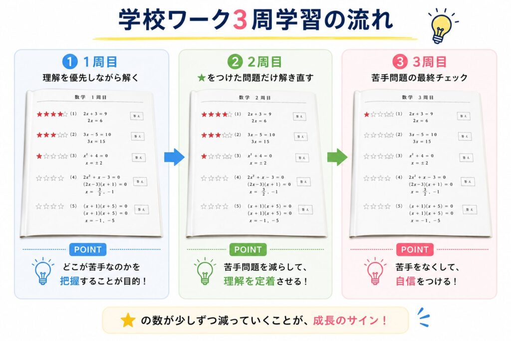 学校ワーク3周学習の流れ